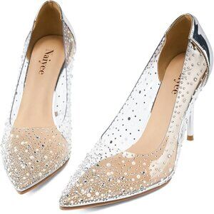 Naiyee Women's High Stiletto Heel, PVC Pumps Crystal Rhinestones 100mm Clear